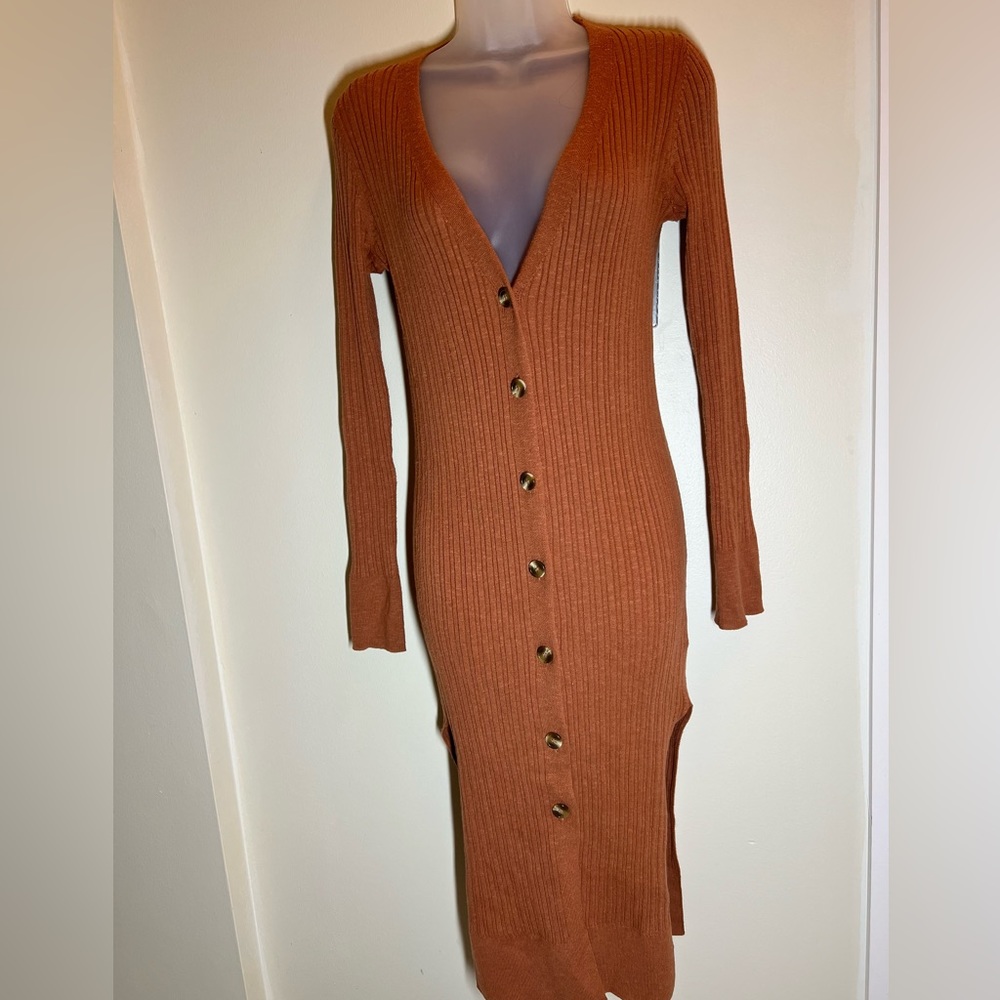 Brown Slit Cardigan Duster Midi Ribbed Sweater Dress Women Small